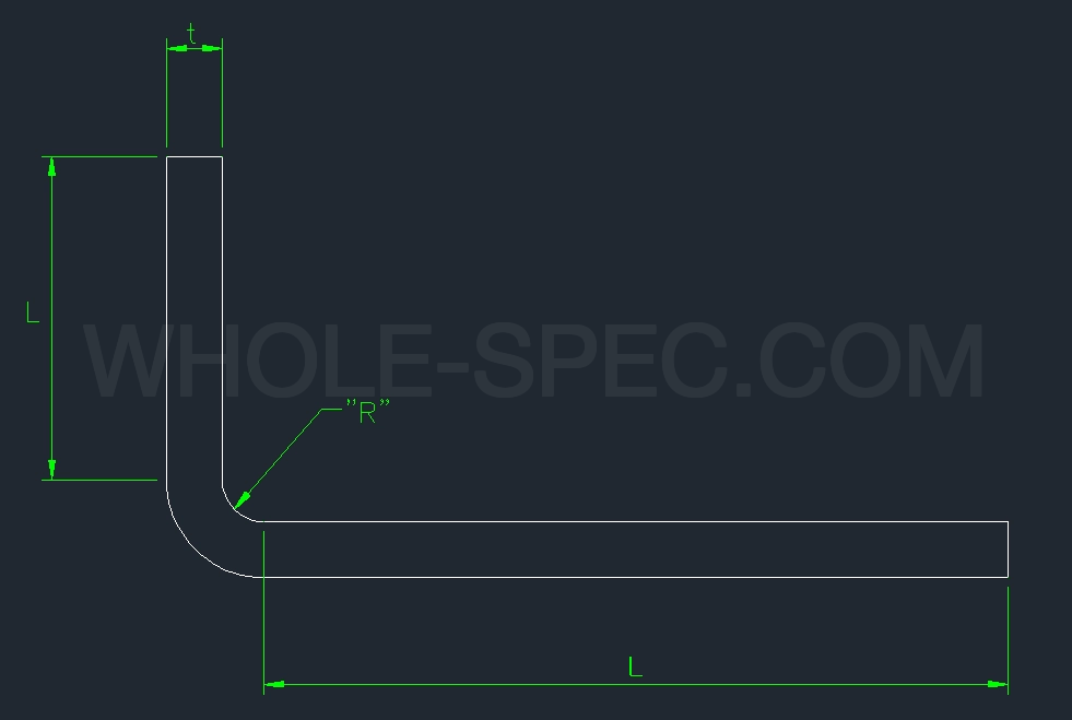 Sheet metal bend diagram with t thickness, R bend radius, L bend leg length