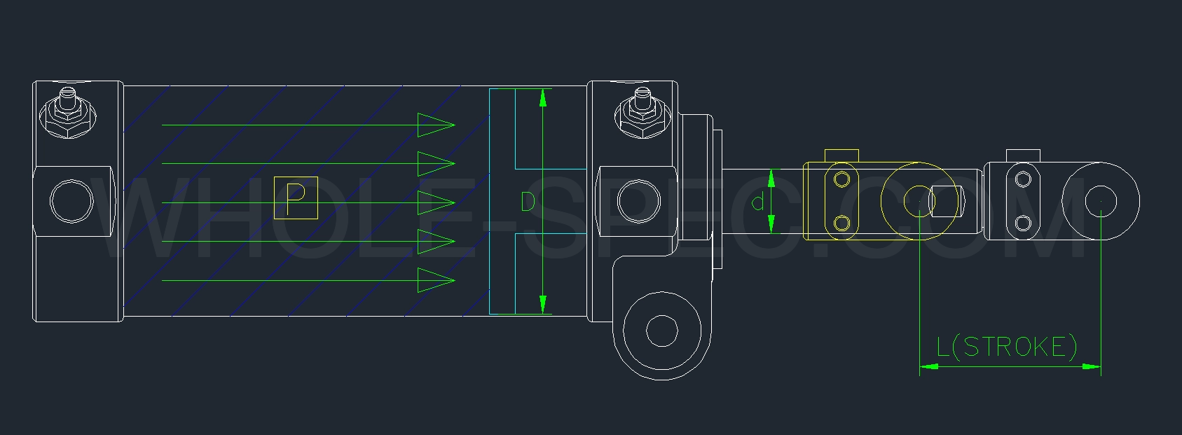 Cylinder thrust diagram with D bore, d rod, P pressure, L stroke